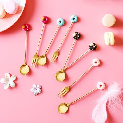 China Donut Stainless Steel Dessert Spoon Cartoon Macaron Fruit Fork Viable Tender Spoon Teaspoon for sale