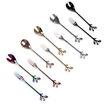 China Viable Reusable Custom Gift Box Stainless Steel Creative Coffee Stirring Leaf Spoon Fruit Fork Moon Cake Fork Wedding Gift for sale