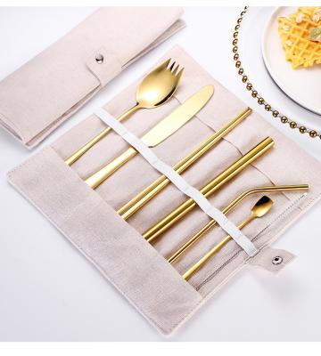 China Durable 8 Piece Portable Gold 304 Stainless Steel Western Cutlery Set With Cloth Bag for sale