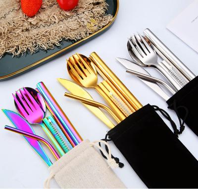 China Viable Wholesale Reusable Stainless Steel Knife Spoon Fork Straw 8 Piece Travel Cutlery Set for sale