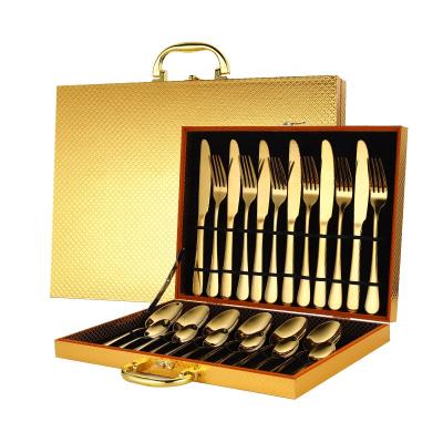 China Sustainable Wholesale Cutlery 24Pcs Travel Set Stainless Steel Flatware With Gold Wooden Box for sale