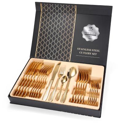 China Water Cube Viable Fiery Gold Flatware Set Stainless Steel 24 Piece Curtley Sets For Wedding Gift Box for sale