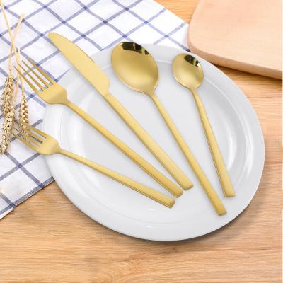 China Sustainable Luxury Square Handle Stainless Steel Flatware Steak Knife Fork Spoon Frosted Titanium Plated Cutlery Set for sale