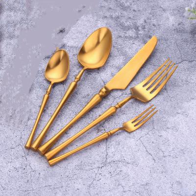 China 18/8 Bulk Round Handle Used Viable Matte Gold Flatware Set German Modern Wedding Event Stainless Steel Restaurant Travel Gold Plated for sale