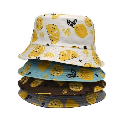 China 2022 Sun Protection Lemon Printing Outdoor Reversible Summer Basin Bucket Hat Travel Beach Sun Protection Fishing Hat Double Sided Casual Hats for sale