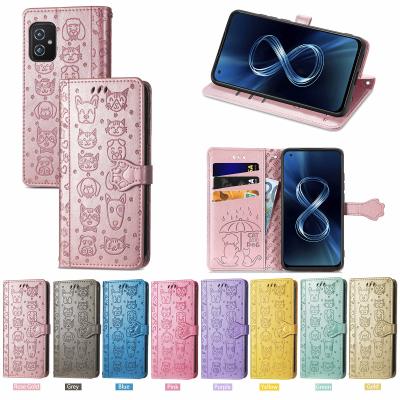 China Flip Phone Cover for ASUS Zenfone 8 ZS590KS Cute Cat and Dog Embossed Flip Leather Case Horizontal with Stand Card Slots and Wallet and Lanyard for sale