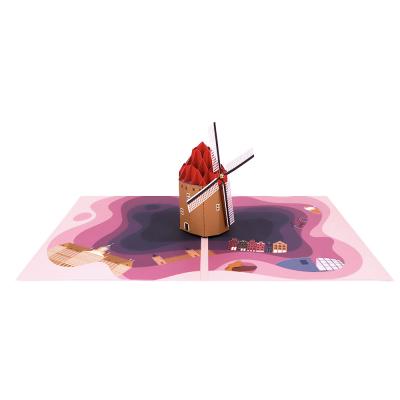 China Custom Printing Europe Paper Craft Greeting Card Handmade 3d Pop Up Card With Laser Cut Holland Windmill for sale