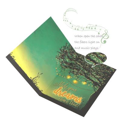 China Custom Printing Green And Europe Tree Led Light Music Happy Birthday Cards for sale