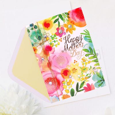 China Colorful Europe Gold Foil Diamond Mother's Day Handmade Paper Greeting Cards With Flowers for sale