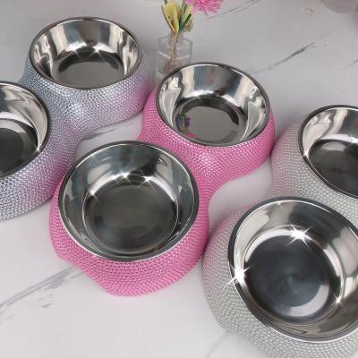 China Sustainable Cross border diamond-encrusted pet Bowl stainless steel detachable double layer pet food bowl Diamond Pet bowl Cat bowl Dog bowl for sale