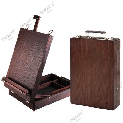 China SINOART Brown Easel Box Painting Easel For Art Supplies Classical Painting Storage Box Adjust Wooden Table Easel Drawing Student for sale