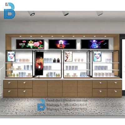 China PLY/MDF/SOLID WOOD/GLASS Customized Modern Cabinet Display Stand For Cosmetic Shop for sale