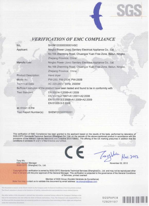 CE - Ningbo Power (Joro) Sanitary Electrical Appliance Co., Ltd.