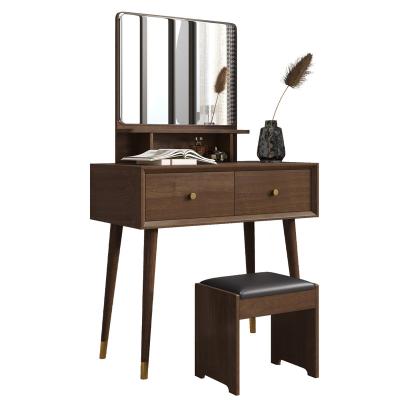 China Luxury High Gloss Foldable Walnut Makeup Dressing Table Vanity Desk and Set of Stools with Square Mirror for sale