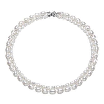 China TRENDY Double Rows Two Layers 925 Sterling Silver Oval Natural Freshwater Jewelry Nature Choker Rice Shape Pearl Bridal Necklace for sale