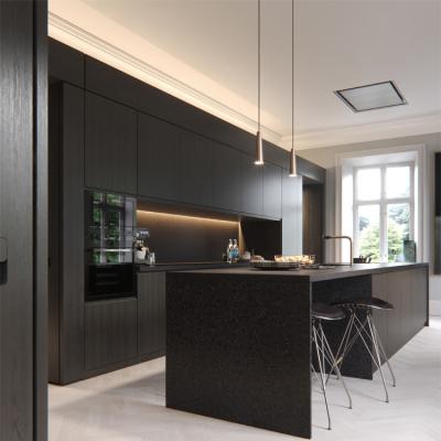 China Contemporary Style Built In Kitchen Cabinets Black PVC Kitchen Cabinets for sale