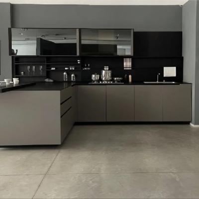 China Handleless Light Gray Glossy PVC Kitchen Cabinet Modern Kitchen Cabinets for sale