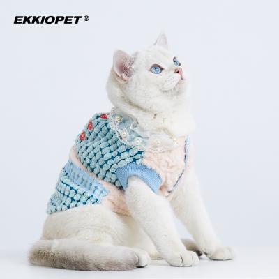 China 2021 Viable Ekkiochen Hot Selling Blue Pink Cat Splice Coat With Lacey Like Pet Apparel Or Pet Cat Clothes for sale