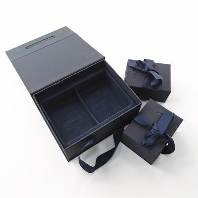 China Recyclable Custom Luxury Blue Paper Cardboard UV Printing Magnetic Closure Gift Jewelry Packaging Box With Ribbon for sale