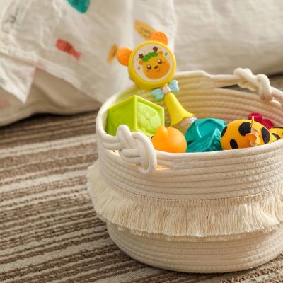 China Storage Bohemian Baskets Fashion Decorative Covering Basket For Living Room Made From Natural Cotton Woven Rope Toy Basket With Handles for sale