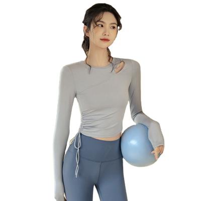 China Breathable Long Sleeve Yoga Tops Women Drawstring Sports T Shirt Quick Dry Gym Workout Fitness Routine Wear for sale