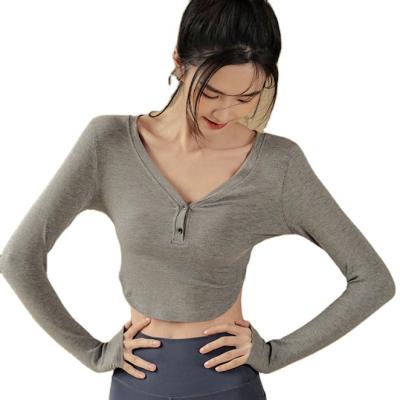 China Breathable Women Sports Tops Elastic Long Sleeve Gym Fitness Workout Crop Tops Slim Ladies Activewear Yoga Wear for sale