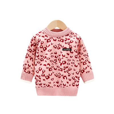 China Children's Knitted Sweater Breathable Spring Leopard Baby Long Sleeve Round Sweater Girls' Neck Sweater for sale