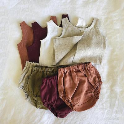 China Australia Casual Baby 2pcs Set Buttons Infant Canvas Vest Tops Solid Korean Girls Bloomers Canvas Outfits for sale