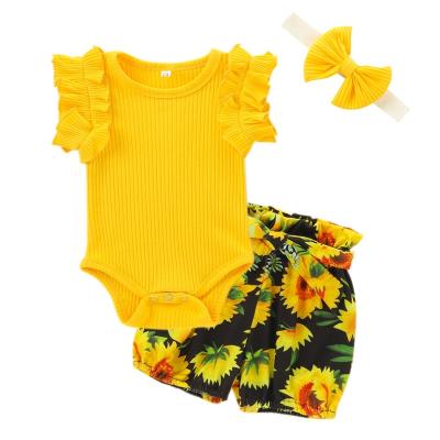 China AIKEIDY Baby Summer Antibacterial Clothes Set Baby Girl Ruffles Romper Baby Sunflower Romper Set for sale