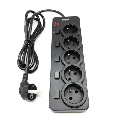 China Kingtel European Power Extension with 5 Outlet Person Switches Lightning and Overload Protection Power Socket ES-1055 Black for sale