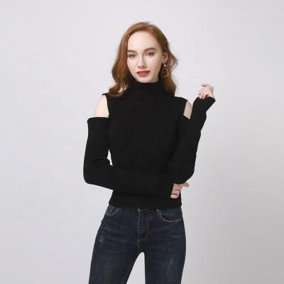 China Wholesale Cheap Black Long Sleeve Cotton Sweater Solid Color Anti-pilling 100% Open Shoulder Turtle Neck for sale