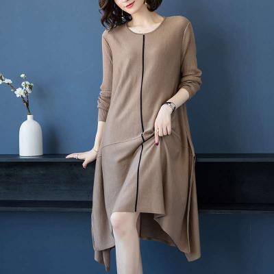 China Station Anti-static European Round Neck Loose Large Size Wool Knit Irregular Long Dress for sale