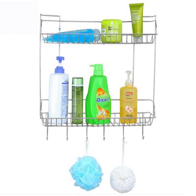 China Viable Wall Mounted Double Row Bathroom Shower Shelf Storage Basket Holder With Hooks Bathroom Accessory Organizer for sale