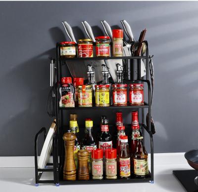 China 201 Stainless Steel Kitchen Storage Rack Floor Knife Rack Home Viable Black Home Tableware Double/Three Layers Condiment Storage Rack for sale