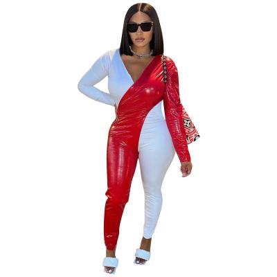 China New Design Fashion Ladies PU Patchwork Contrast Colors Full Sleeve V-Neck Bodycon Rompers Wholesale Breathable Elegant Women Jumpsuits for sale