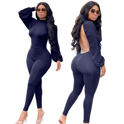 China Bodycon Breathable Elegant Autumn Solid Crew Neck Lantern Sleeve Bodycon Sexy Backless Outfits Playsuit Romper One Piece Jumpsuit For Women for sale