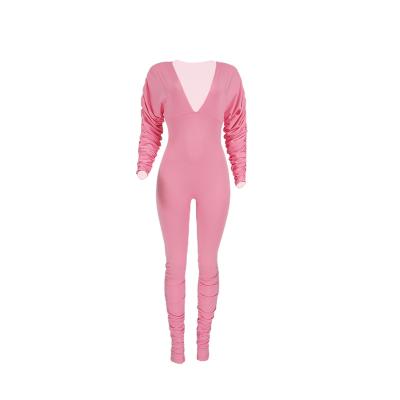 China Anti-pilling China 2021 Made Romper Jumpsuit Women Long Sleeve V Neck One Piece Half Pleat Deep Sleeve Jumpsuit for sale