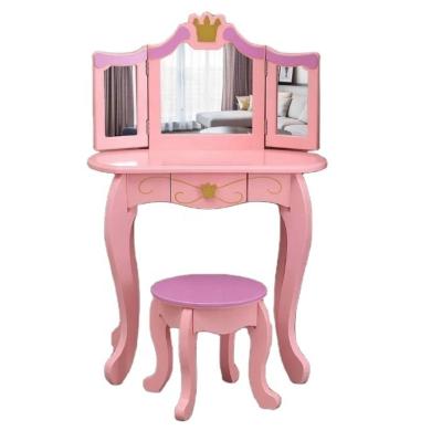 China Foldable Kids Wooden Dressing Table Set with Stool and Vanity Pink Drawer for sale