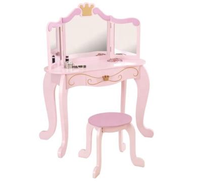 China Foldable Pink Kids Dressing Table Girls Vanity Table Set With Mirror 3 Drawers And Stool Kids Furniture for sale