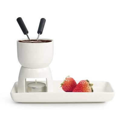 China Hot Sale Hot Selling Chocolate Melting Pot Western White Fondue Pot Ceramic Fondue Set With Tray for sale