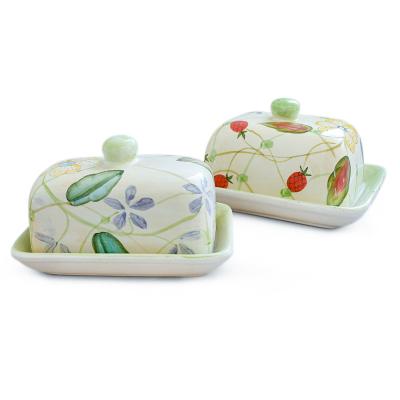 China Hot Selling Sustainable French Ceramic Cheese Storage Dish Rectangle Butter Holders Ceramic Dishes With Lid for sale