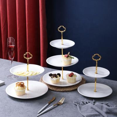 China Sustainable Modern Ceramic Cake Plate Fancy Wedding 3 Tier Porcelain Round Cake Stand With Gold Line for sale