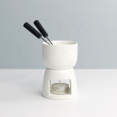 China Viable Custom Chocolate Pot White Logo Western Melting Pot Ceramic Fondue Set With Fork Wholesale for sale