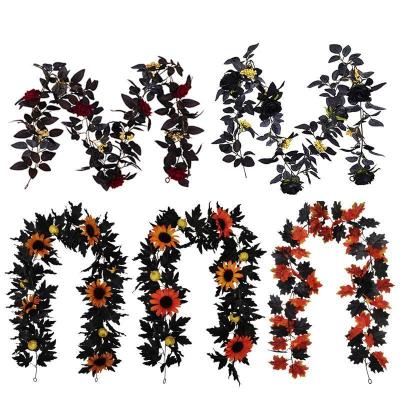 China New Eco-friendly Black Halloween Decorations Halloween Ornaments Artificial Hanging Maple Leaf Garland for sale