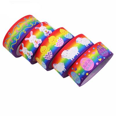 China Solid Polyester Ribbon 25mm Spring Easter Day Bunny Egg Stripe Colorful Printed Grosgrain Ribbon for sale