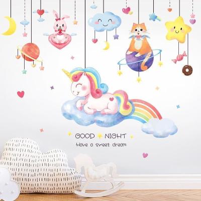 China PVC Home Decor Baby Wall Decals Cartoon Unicorn Stickers Colored Rainbow Stars Moon Child Reused And Easy To Use Wallpaper for sale