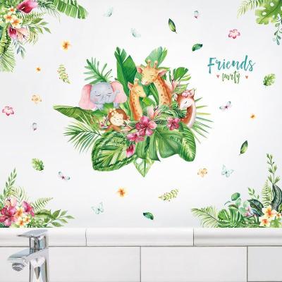 China WALL STICKER Green Leaves Wallpaper Cartoon Giraffe/Monkey/Elephant Wall Sticker For Kindergarten Kid's Room Decor PVC Home Decoration for sale