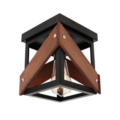 China Surface Mounted New Design 1 Light Metal And Wood Cage Semi Rustic Industrial Flush Mount Ceiling Light for sale