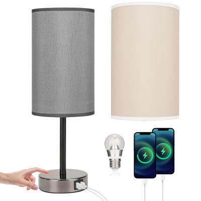 China New Design Modern Usb Table Lamp Bedside Lamps With 2 Usb Charging Ports For Bedroom With Two Fabric Shades for sale