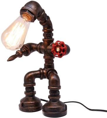 China High Quality Classic Style Retro Farmhouse Lamps Rust Iron Robot Piping Pipe Industrial Table Lamp With Red Valve Handle for sale